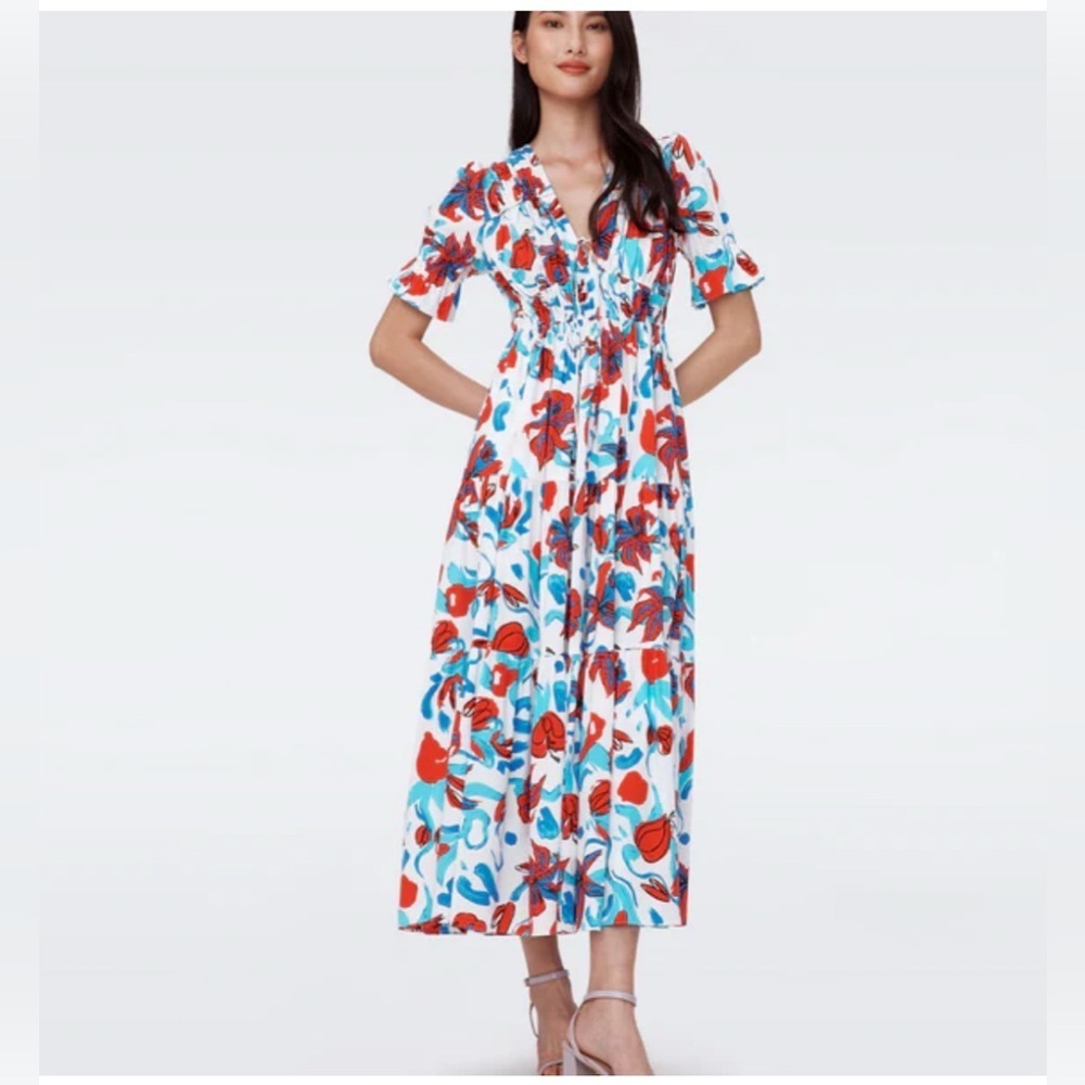 DIANE VON FURSTENBERG DVF poplin AVERY FLORAL MAXI  DRESS SIZE L